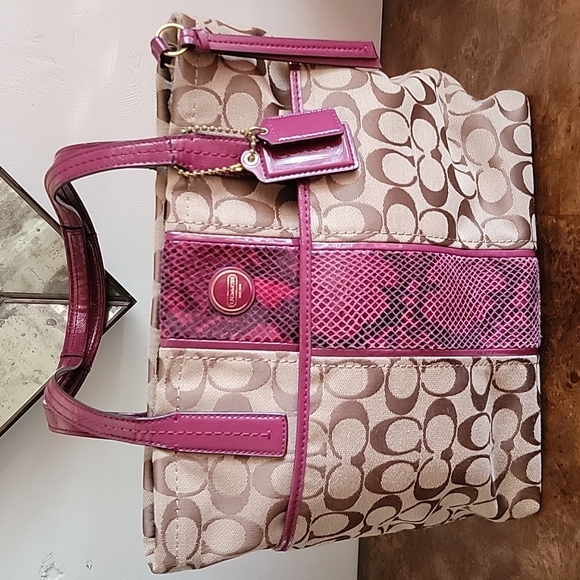 Coach signature Python Stripe Raspberry Tote - Picture 3 of 10
